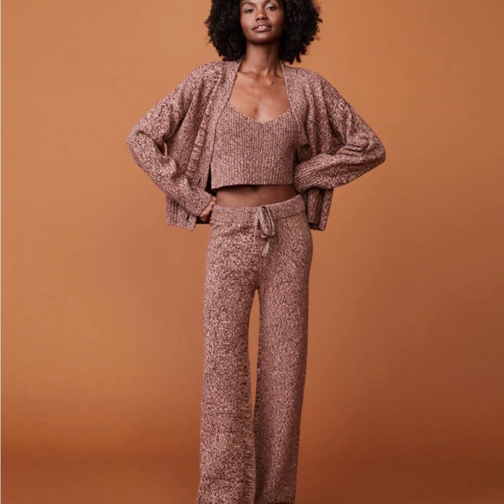 Monrow Cashmere Knit Wide Leg Pants, Cardigan, and Cami Set